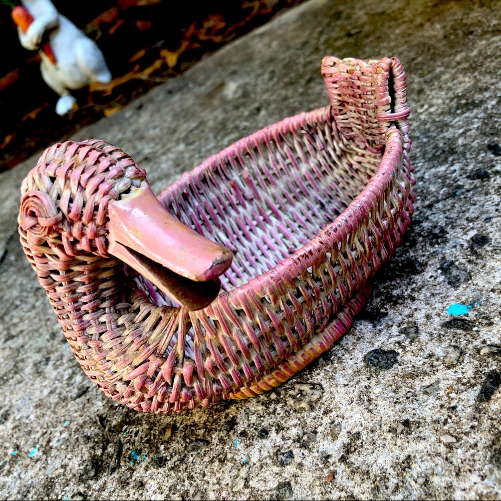 Vintage Pink Wicker Duck Basket Boho Hippie Decor